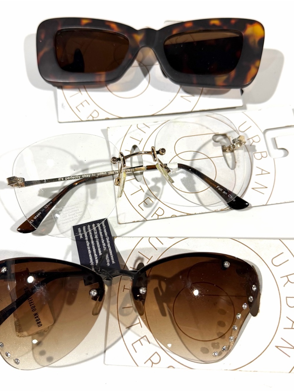 Set of 3 Urban Outfitters Women’s Sunglasses Tortoise Rimless Butterfly & Clear
